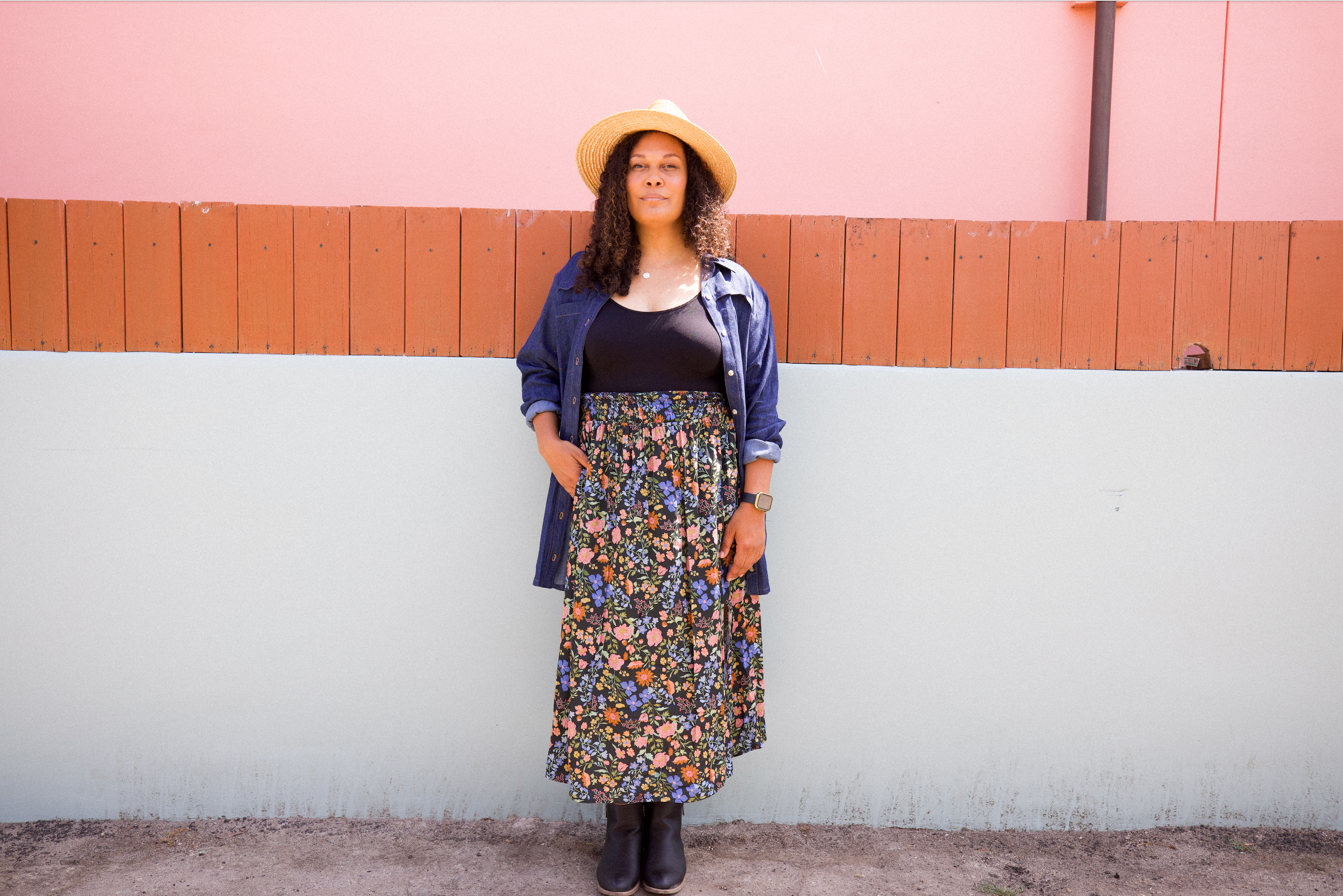DAWN- floral multi elastic channel midi skirt with slit and