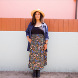 DAWN- floral multi elastic channel midi skirt with slit and pockets