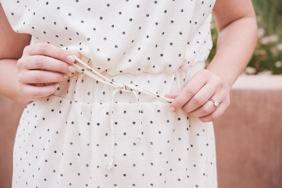 TAYLOR Drawstring Midi Dress in Ivory Dot (Knit)