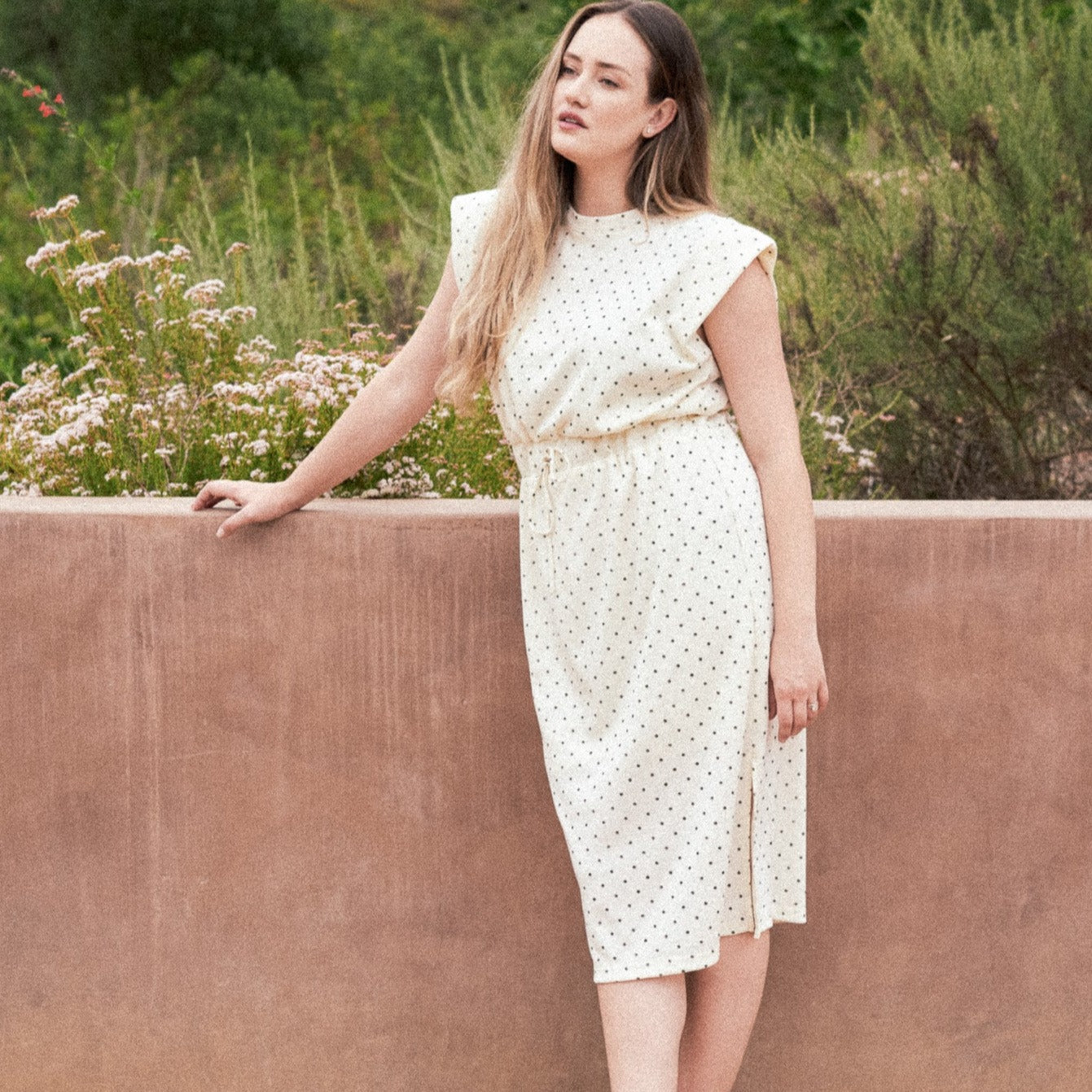 TAYLOR Drawstring Midi Dress in Ivory Dot (Knit) Estella Moon TAYLOR Drawstring Midi Dress in Ivory Dot (Knit) Estella Moon