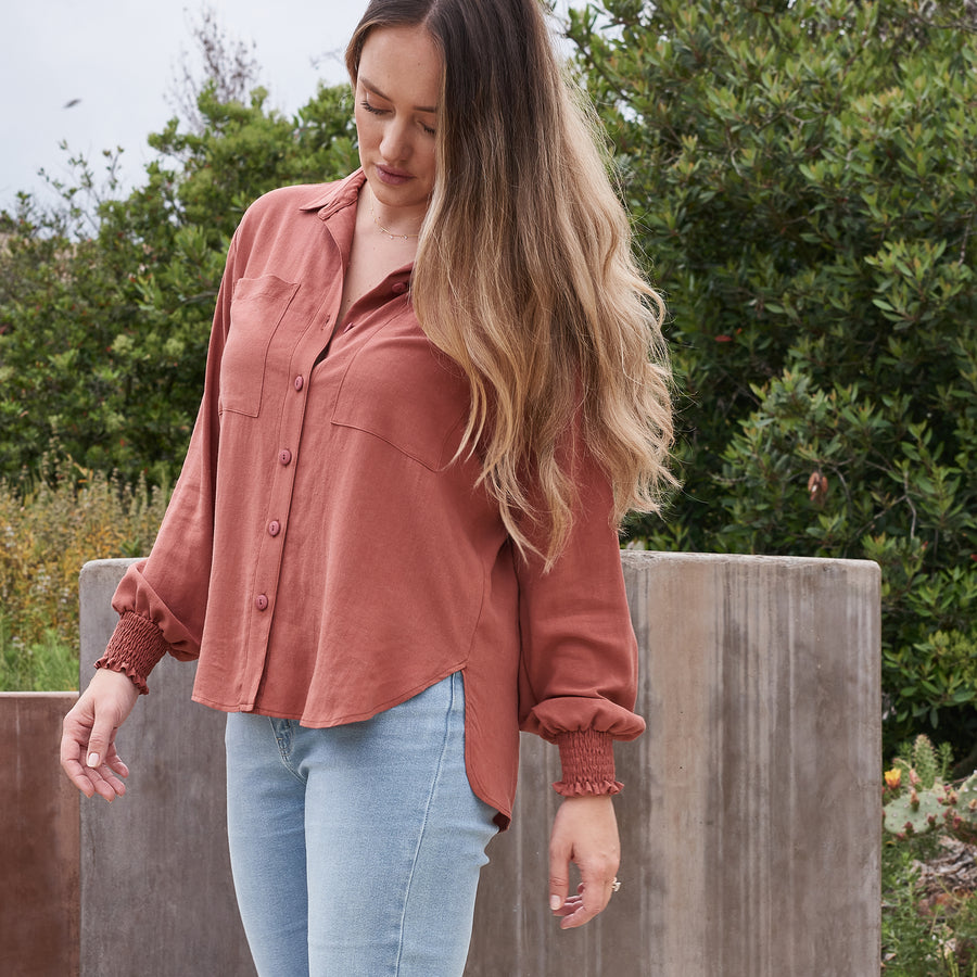 Effortless fashion for busy moms: embrace comfort and style with the ARIA button-up top.