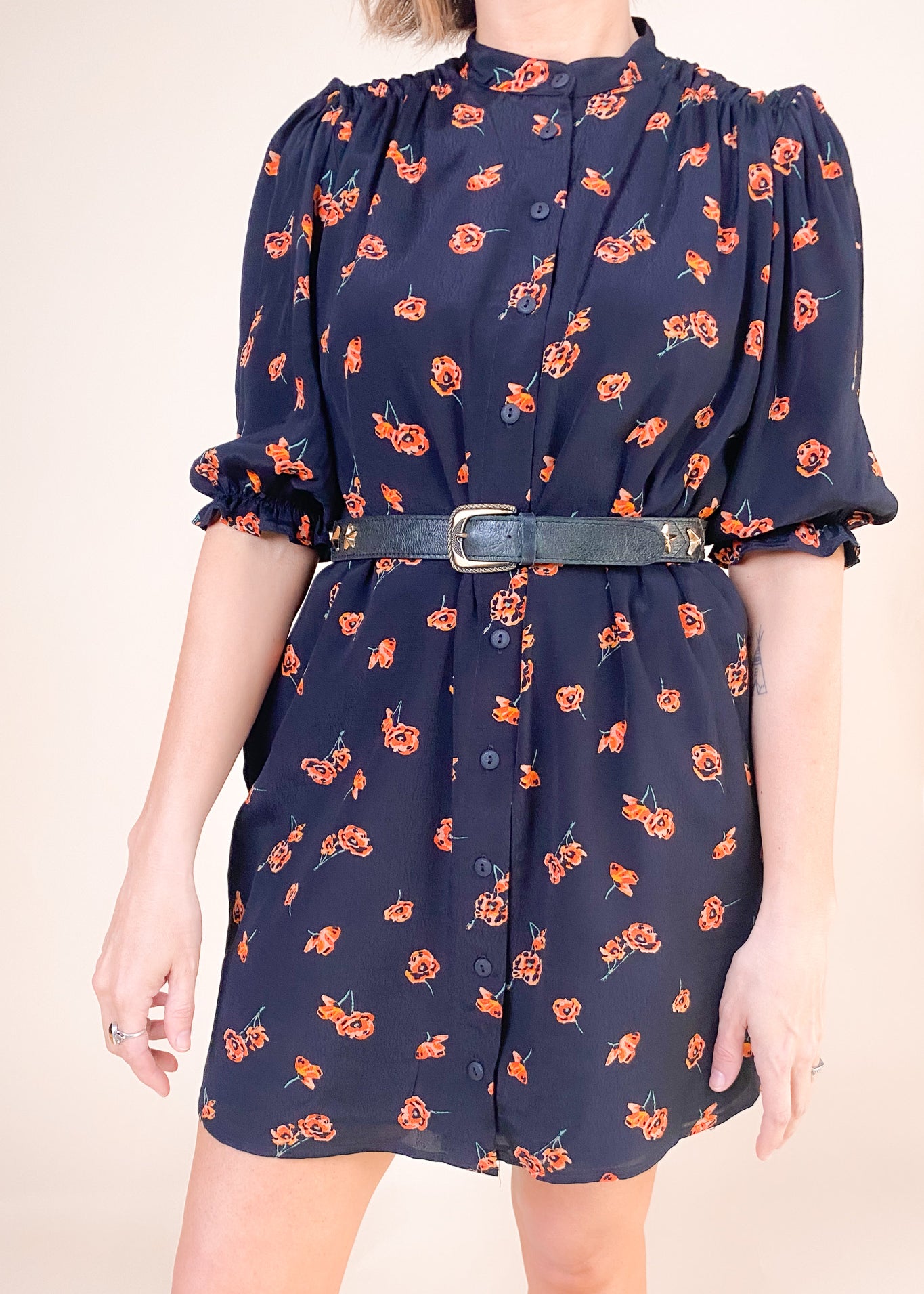belted floral mini shirt dress