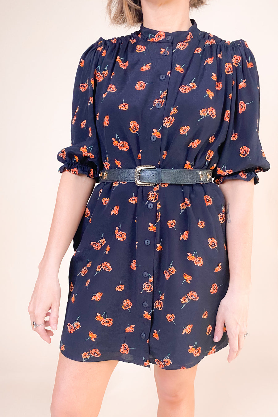 belted floral mini shirt dress