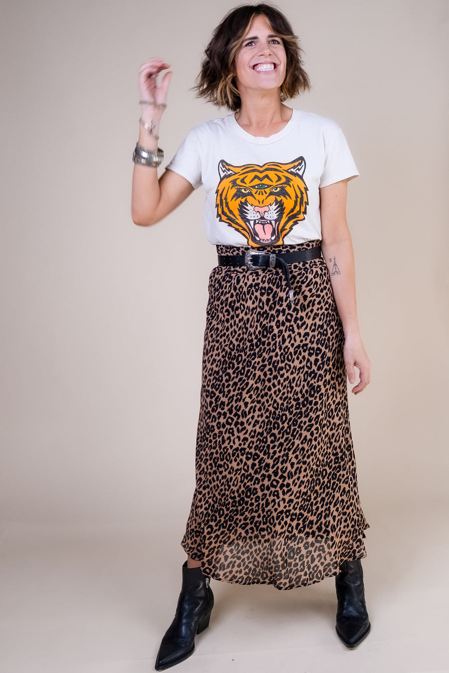 SERENA A-Line High Waisted Midi Skirt in Leopard Print